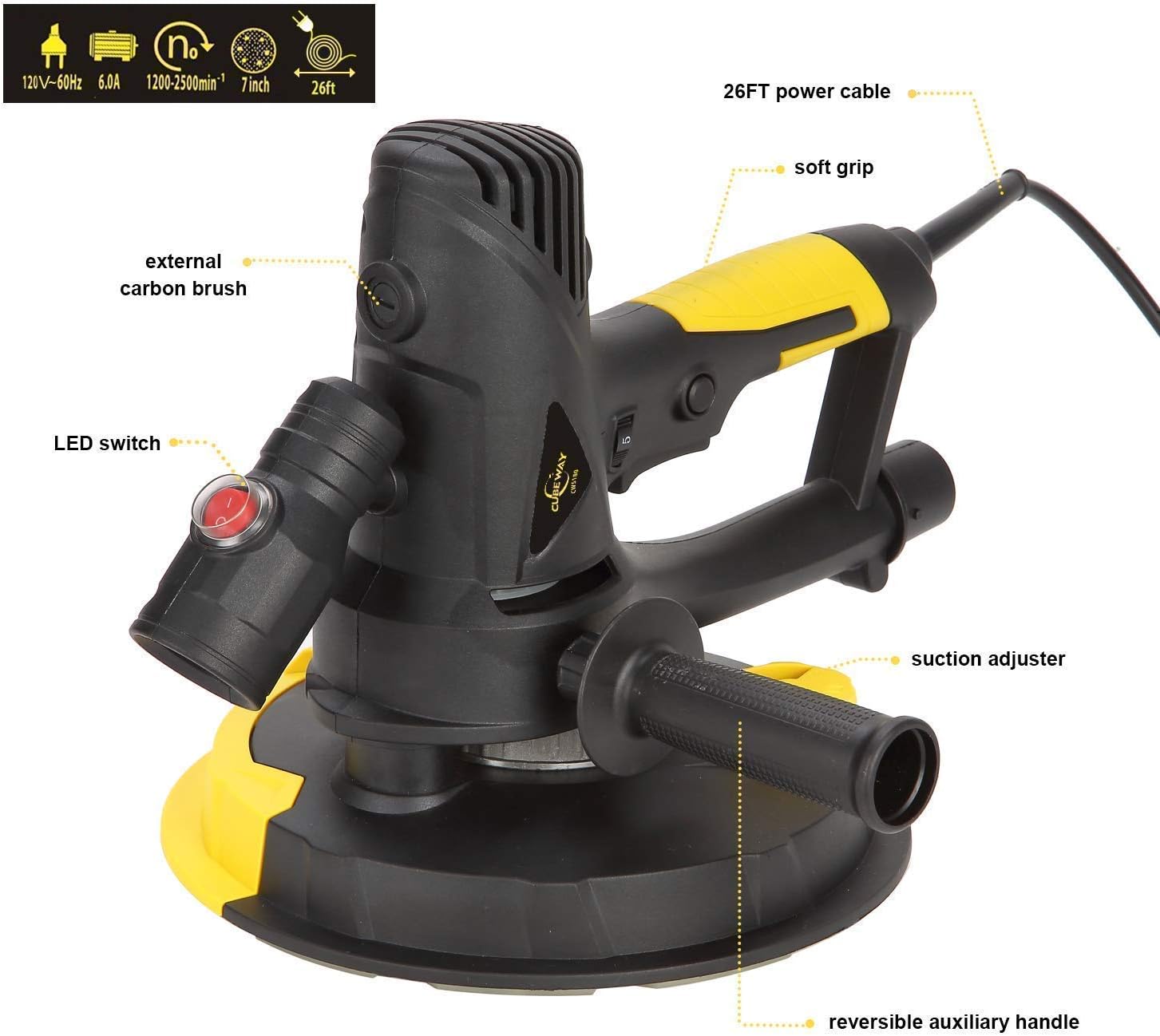 CUBEWAY Electric Drywall Sander with Vacuum, Variable Speed and 26FT Power Cord, Drywall Sanding Machine with Extra Mesh Sanding Discs