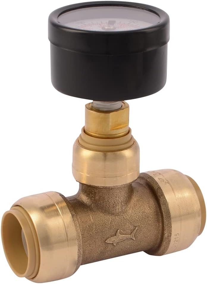 SHARKBITE 3/4 Inch Pressure Gauge Tee, Push to Connect Brass Plumbing Fitting, PEX Pipe, Copper, CPVC, PE-RT, HDPE, 24438