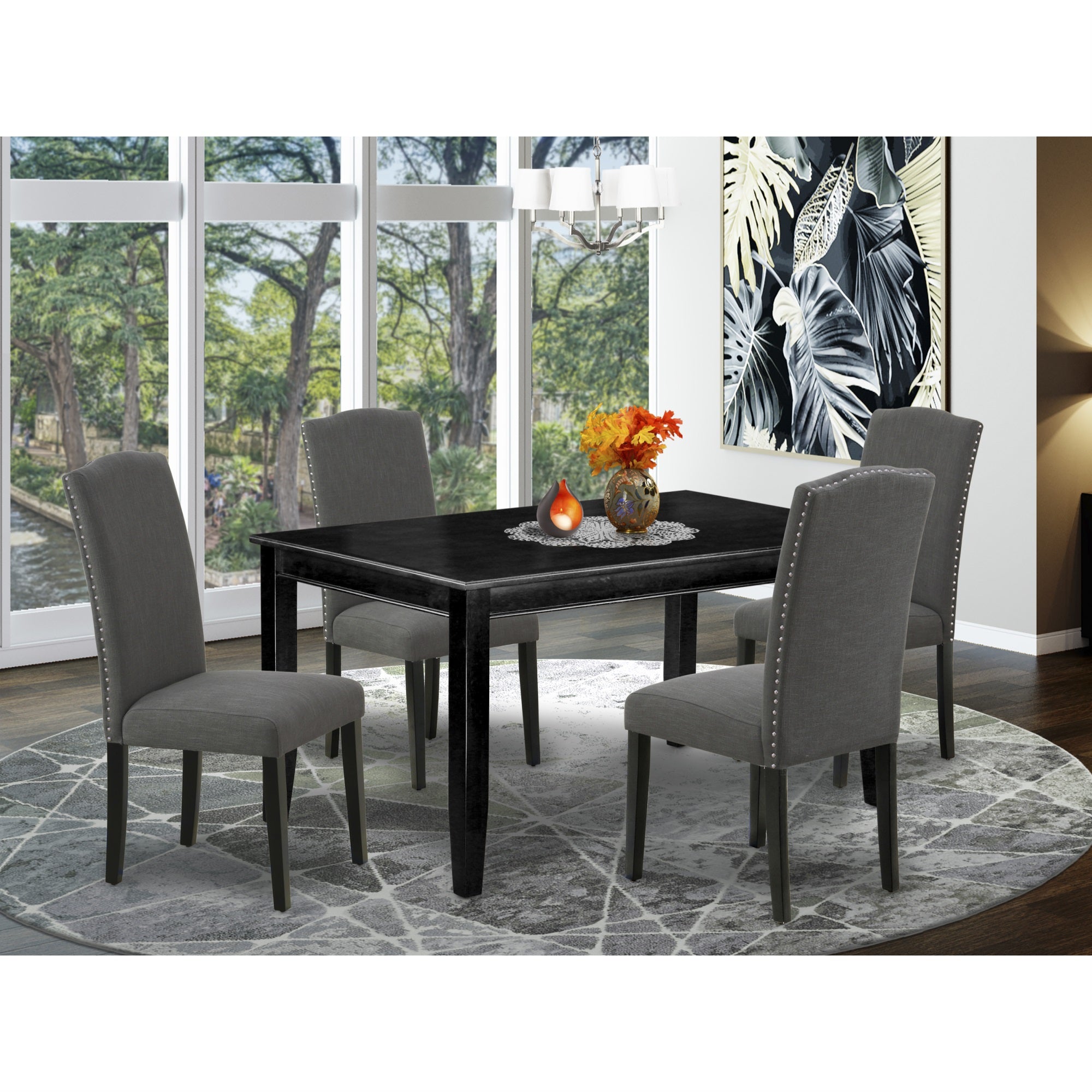 East West Furniture DUEN5-BLK-20 5Pc Rectangle 60 Inch Dining Table And Four Parson Chair With Black Leg And Linen Fabric Dark Gotham Grey