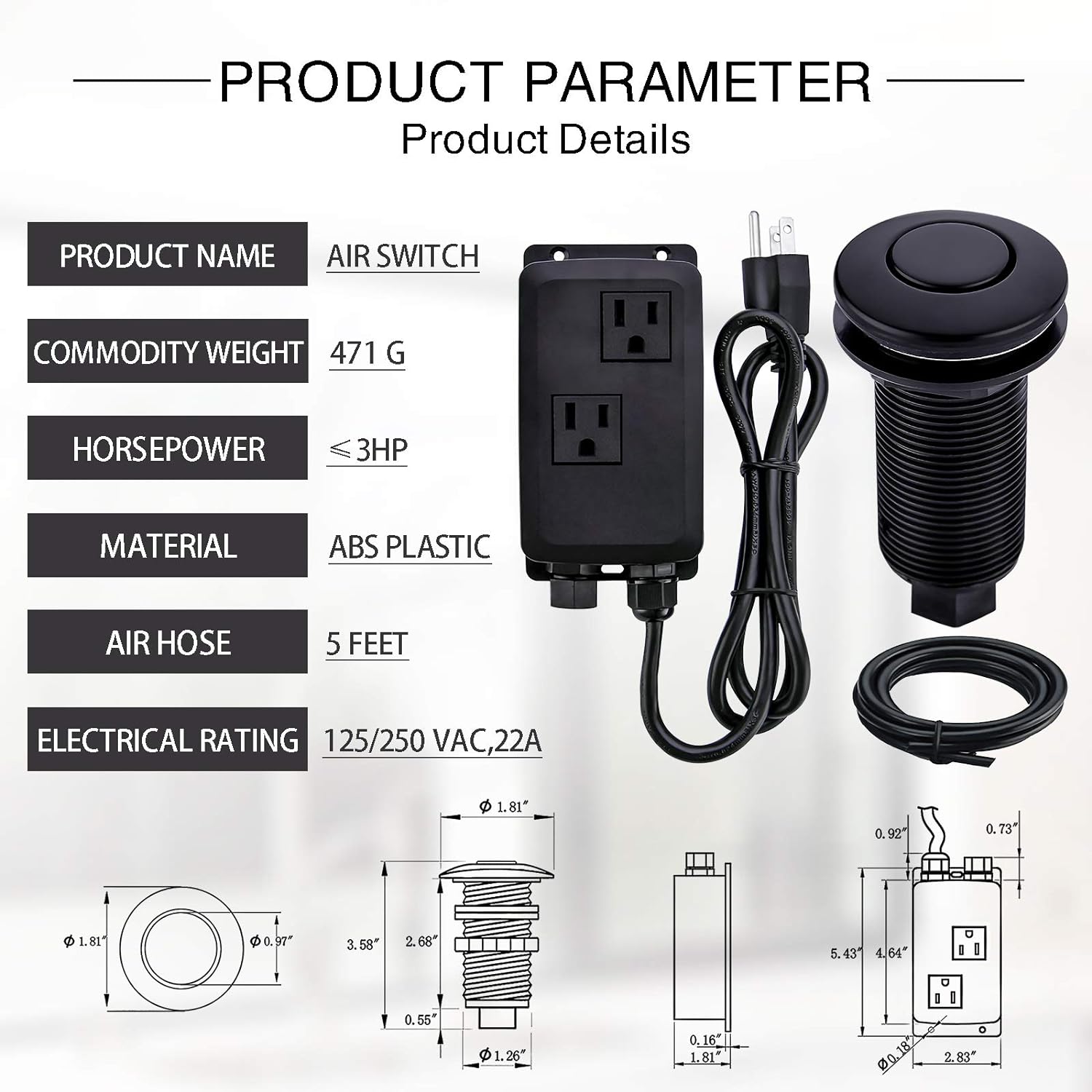 SINKINGDOM Garbage Disposal Air Switch Kit Sink Top with Long Button,Matte Black(Brass cover)