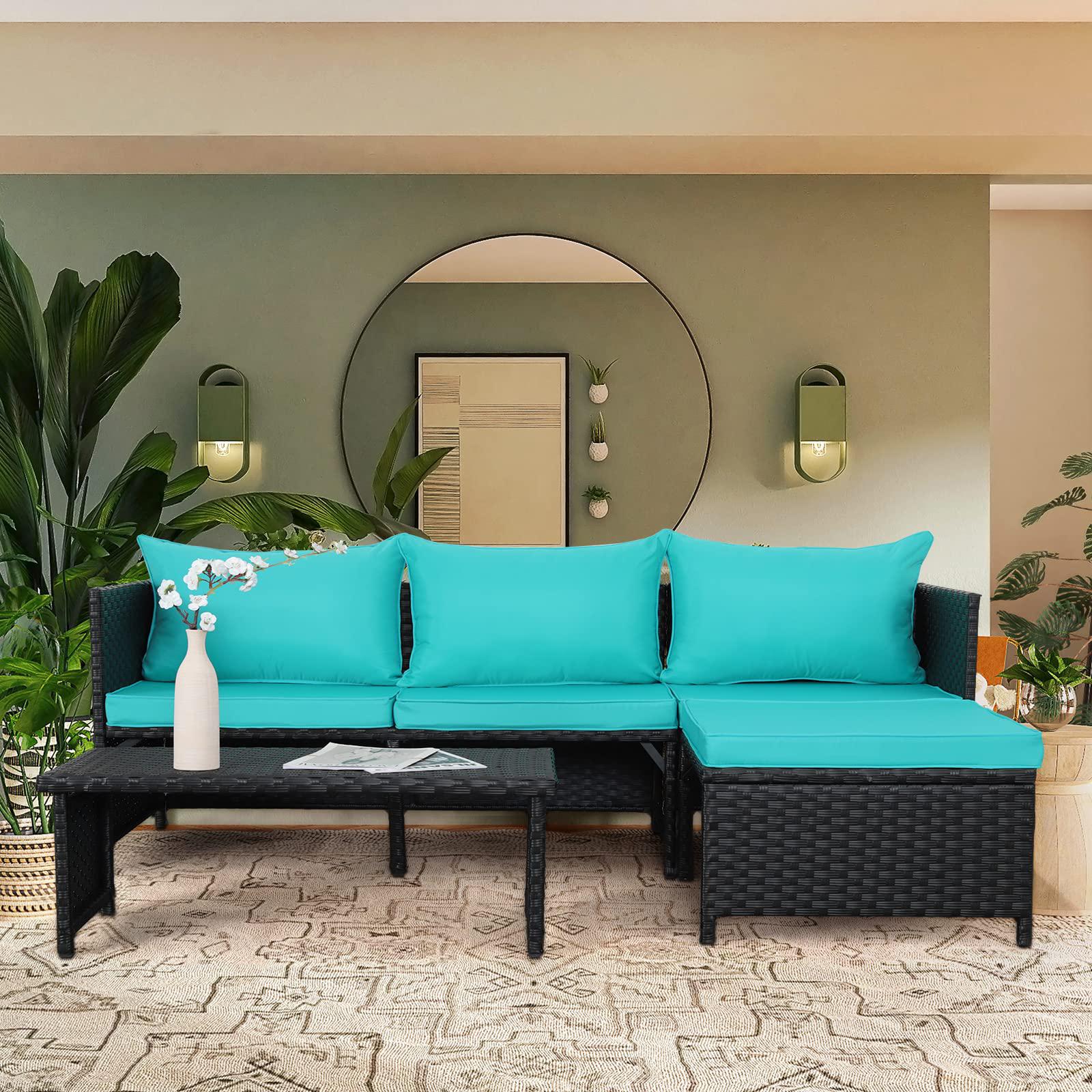 valita 3-piece outdoor pe rattan furniture set patio black wicker conversation loveseat sofa sectional couch turquoise cushio