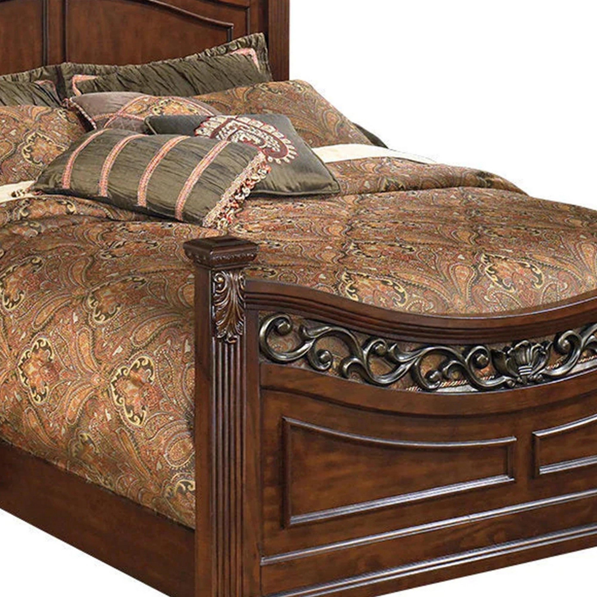 Benjara Aza Traditional Wood King Size Bed, Leaf Carvings, Rich Cherry Brown