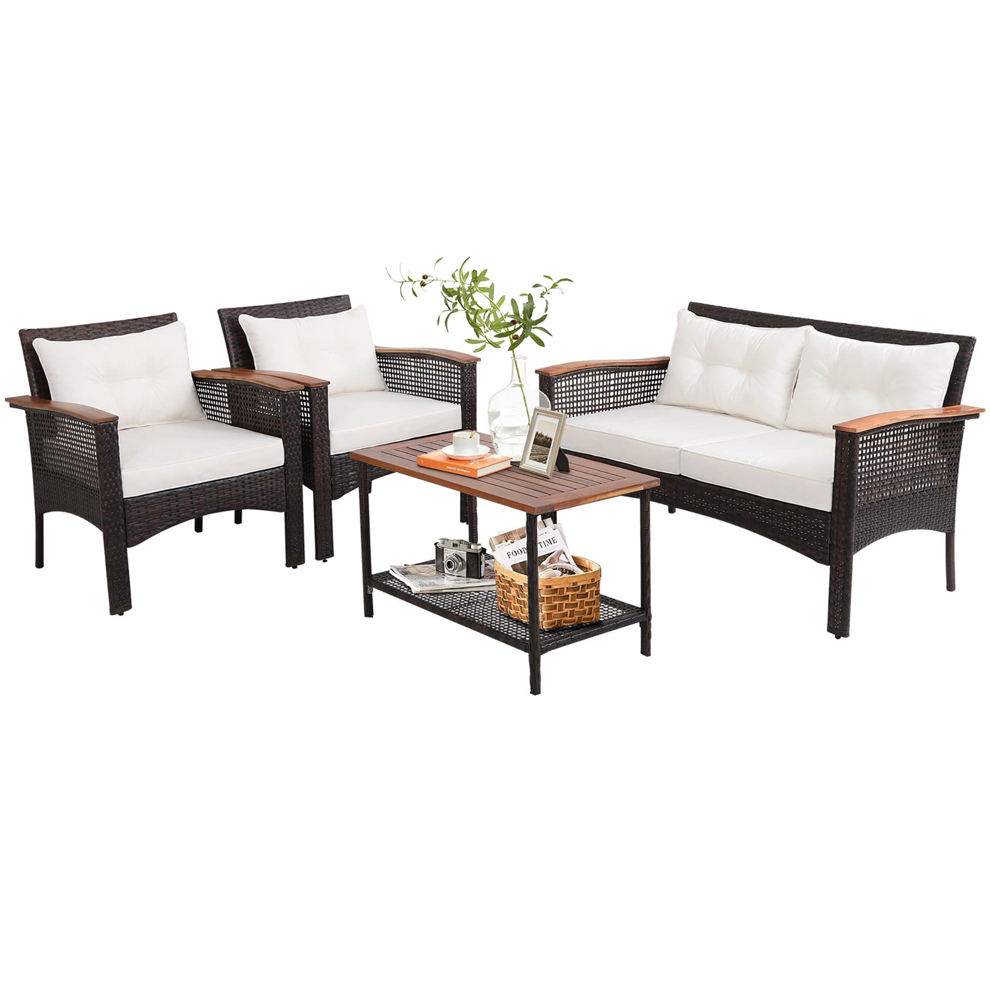 Costway 4PCS Patio Rattan Acacia Wood Furniture Set Cushion Sofa Armrest Deck