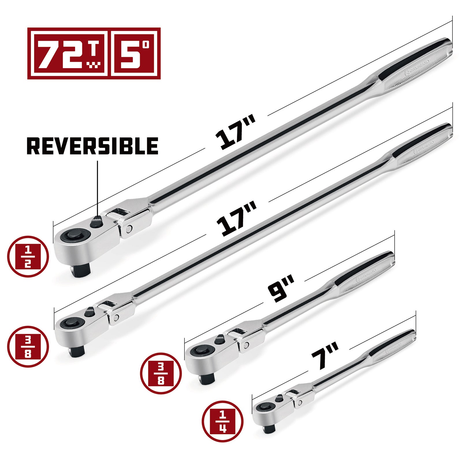 Powerbuilt 4pc. 72-Tooth Pro Tech Long Reach Flex Head Ratchets