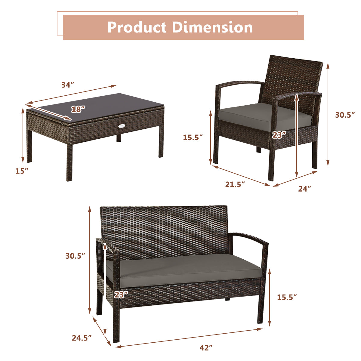 Topbuy Patiojoy 4 PCS Rattan Wicker Furniture Set Loveseat Sofa Cushioned Patio Outdoor Brown