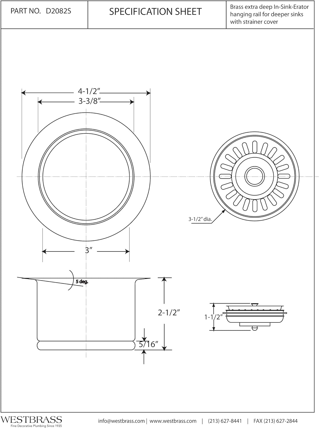 Westbrass D2082S-01 Extra-Deep Waste Disposal Flange