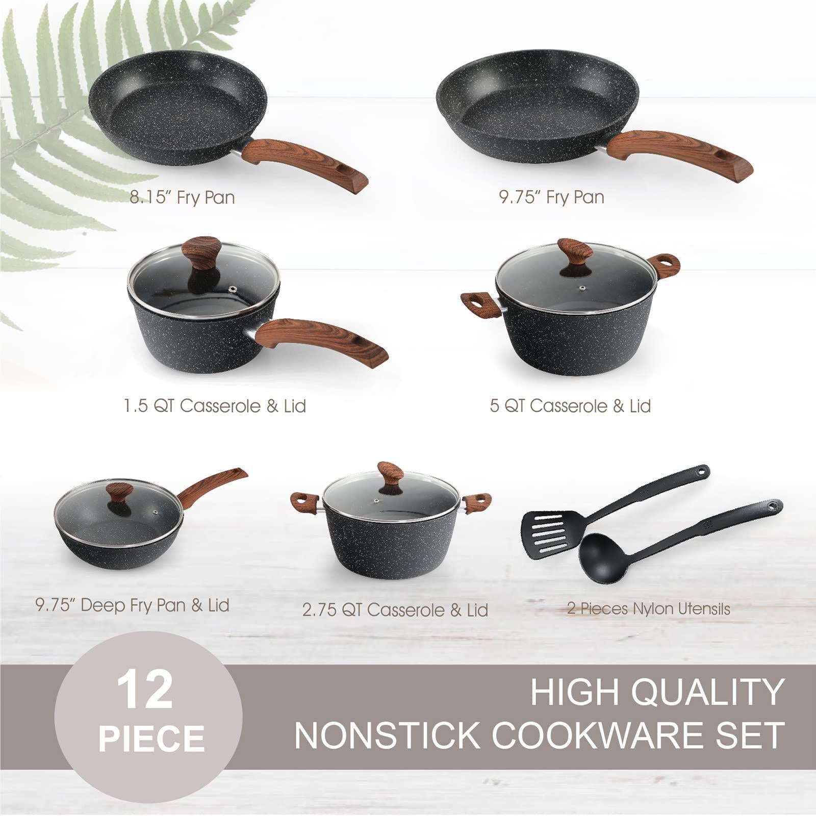 maison arts kitchen cookware sets nonstick, 12 piece pots and pans set granite cooking set for induction &a; dishwasher safe, o
