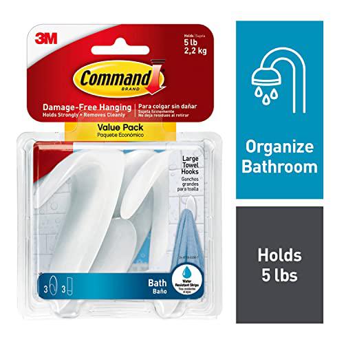 command bath large towel hook value pack, clear frosted, 3-large hooks, 3-water-resistant strips, organize damage-free