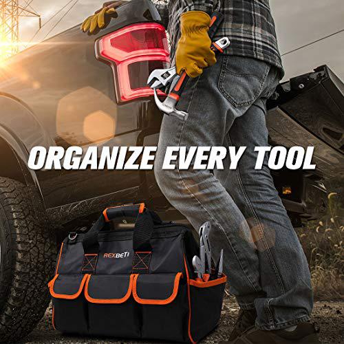 rexbeti premium tool kit with 16 inch tool bag, steel home repairing tool set, large mouth opening tool bag with 19 pockets