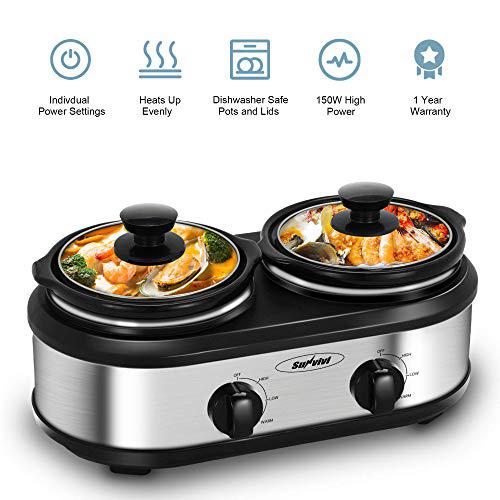 SUNVIVI OUTDOOR dual pot slow cooker buffet server 2 pot small mini crock food warmer, 2-section 1.25-quart oval slow cooker buffet food warm