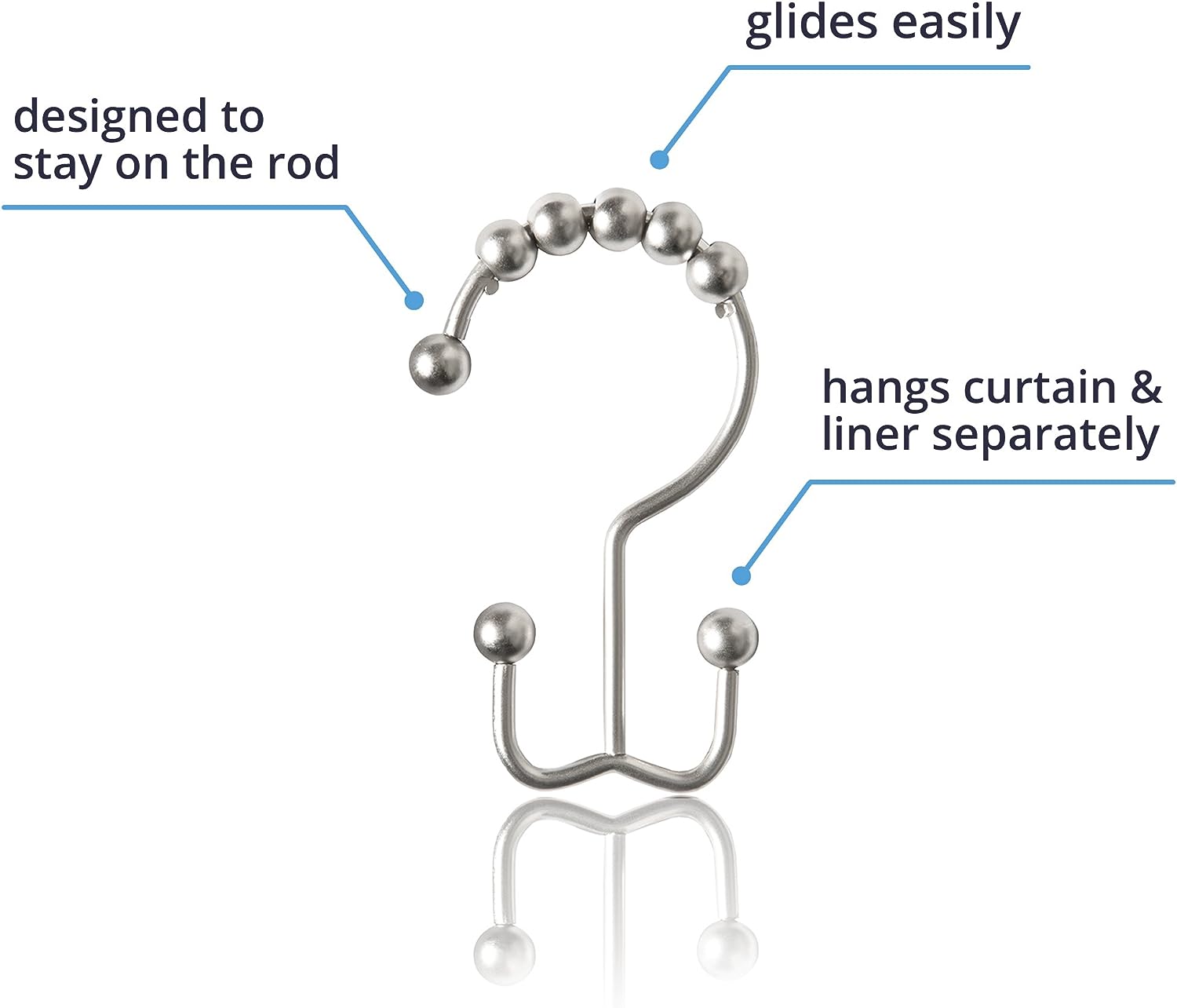 Maytex Curtain Rings, Rust-Resistant Metal Double Roller Glide Hooks for Bathroom Shower, Set of 12, Brushed Nickel