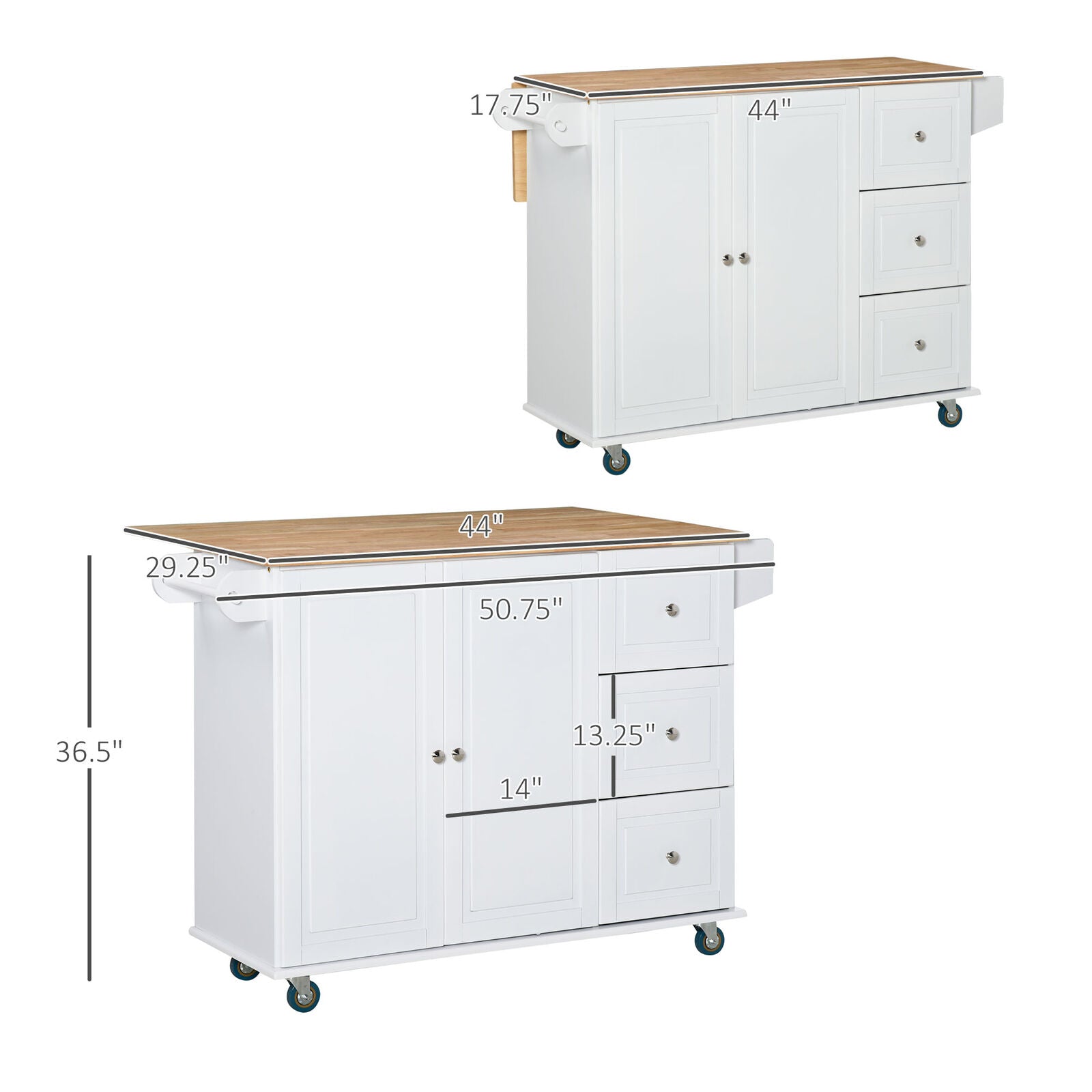 GCP Products Modern Kitchen Rolling Trolley Table With Drop Leaf And Lockable Wheels, White