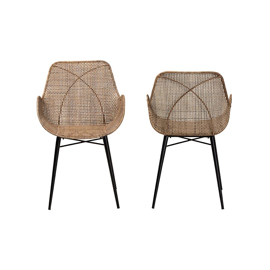 bali &a; pari Modern Bohemian Greywashed Rattan and Black Metal 2-Piece Dining Chair Set