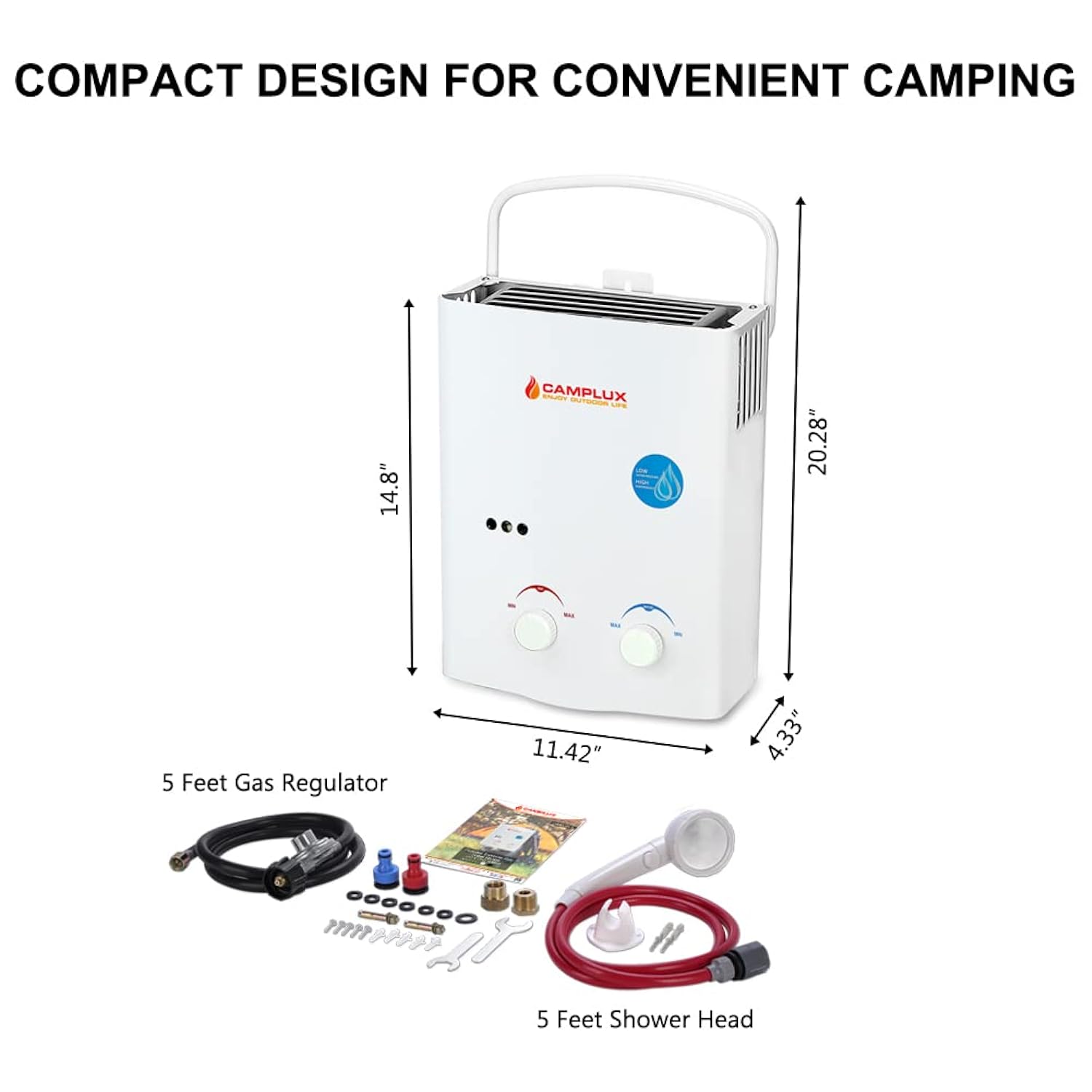 Great Choice Products Camplux 5L Outdoor Portable Water Heater, 1.32 Gpm Tankless Propane Gas Water Heater For Rv, Camping, Barns, White