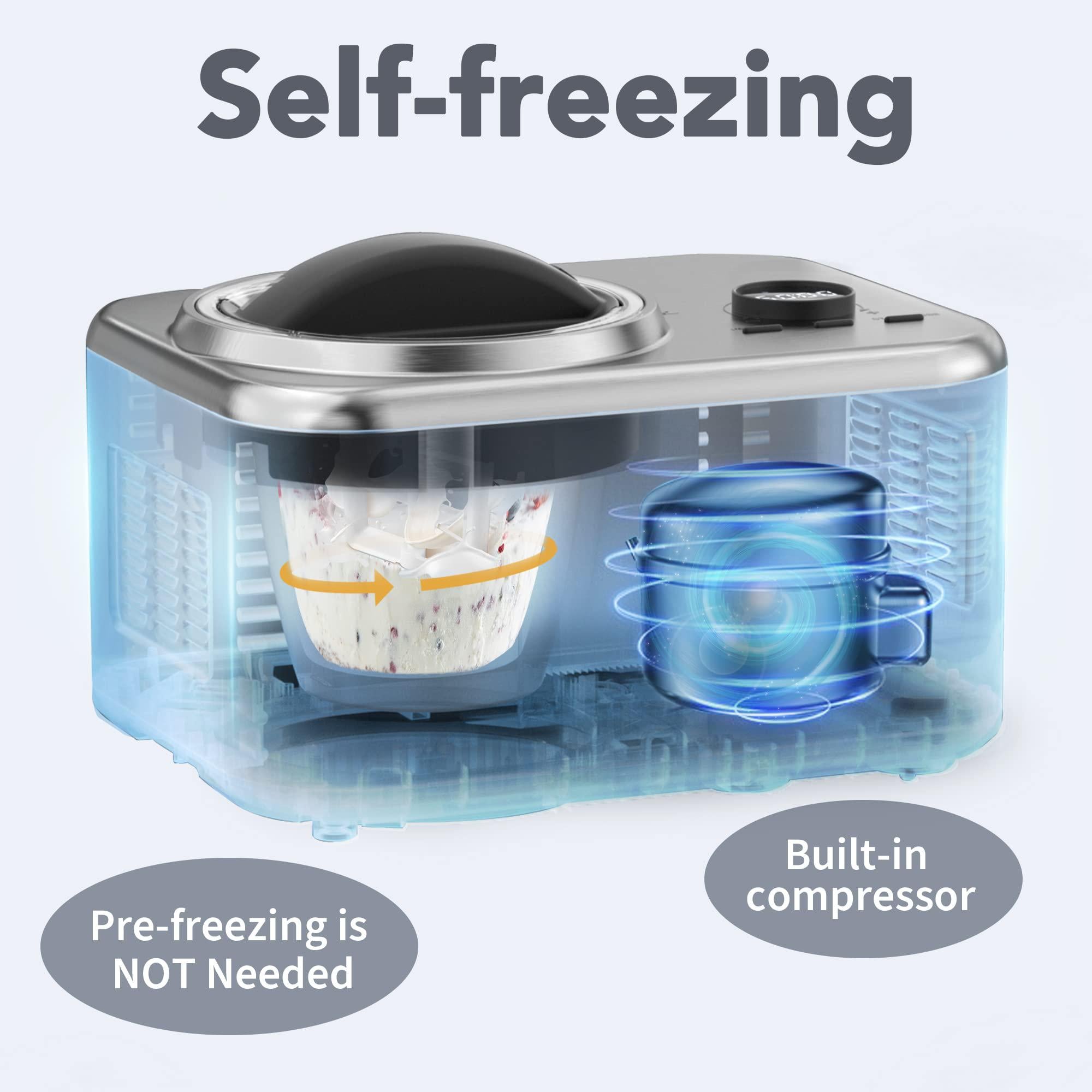 cowsar 1.6 quart automatic stainless steels ice cream maker with built-in compressor, no pre-freezing, fruit yogurt machine w