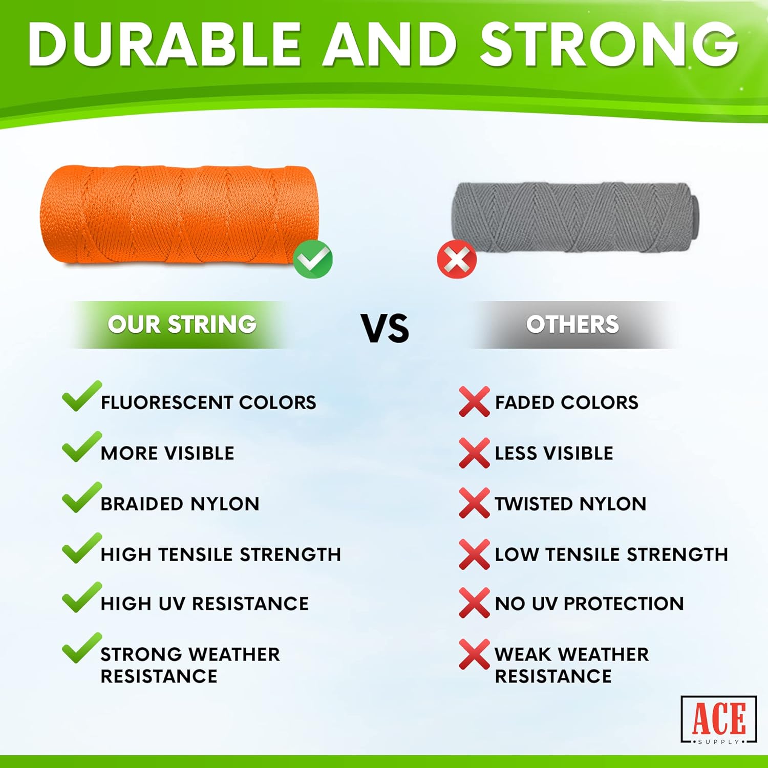 ACE SUPPLY Orange Mason Line String Line - #18 Braided Nylon String - 500 Ft Length - Nylon Twine for Gardening Or Masonry Tools - Perfect