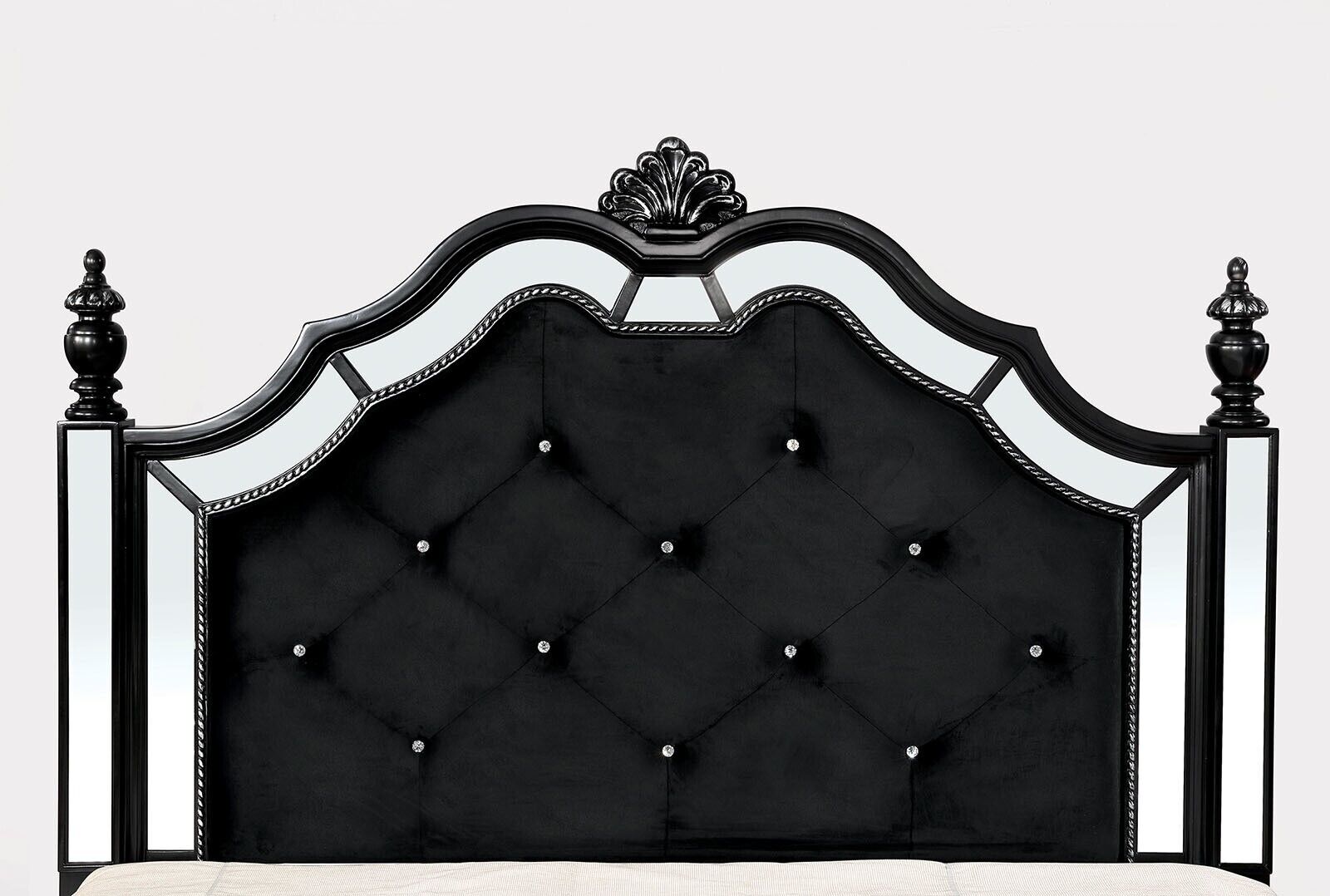 Esofastore Est King Size Bed Mirror Trim Tufted Padded HB FB Posts Black Fabric 1pc Bed Frame Formal Bedroom Furniture Faux Wood Carving
