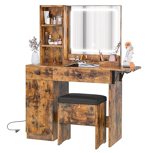 IRONCK Vanity Desk with LED Lighted Mirror &a; Power Outlet, Makeup Table with Drawers &a; Cabinet,Storage Stool,for Bedroom, Vintag