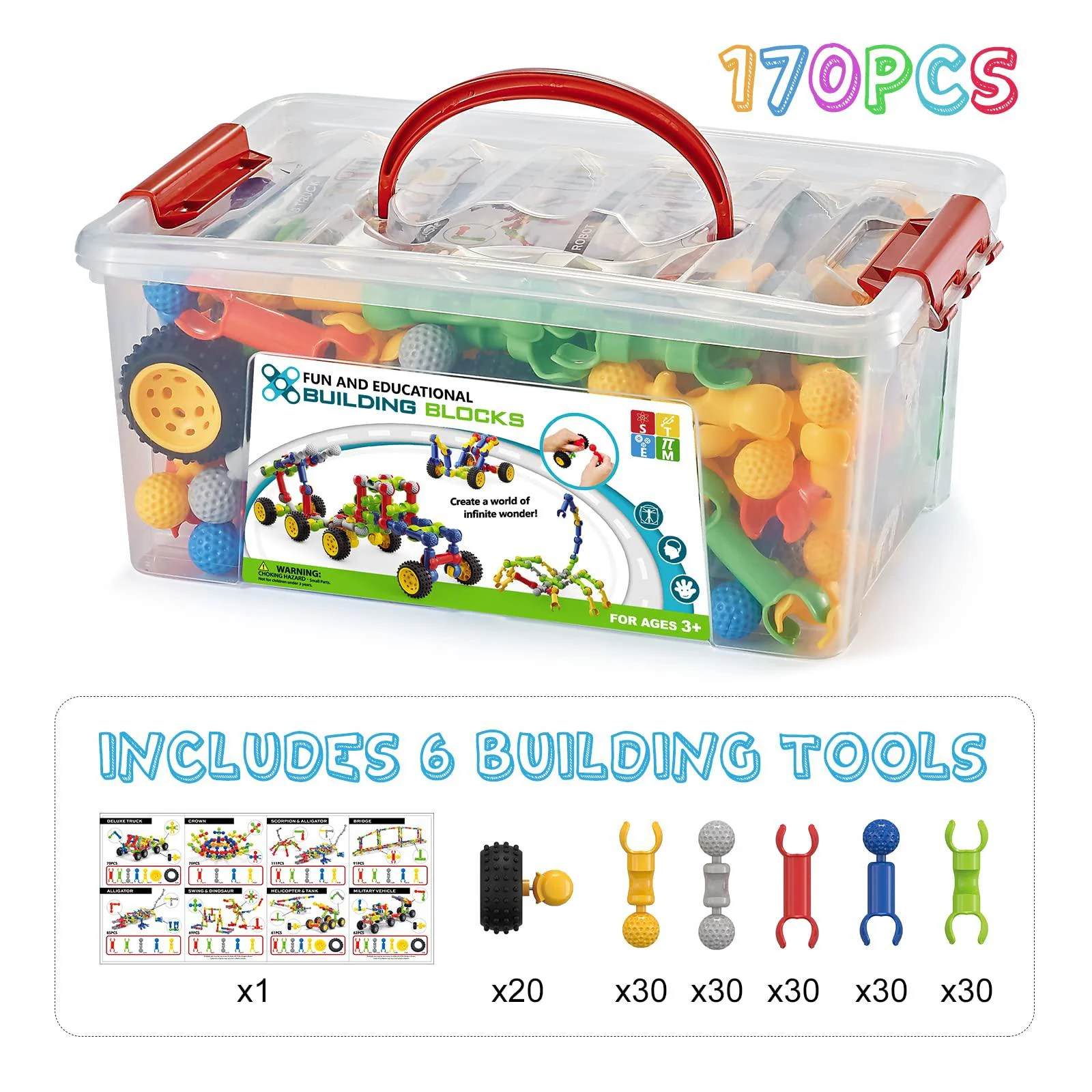 Caferria 170 pcs building toys for kids ages 4-8 with toy box storage, idea guide, building blocks stem toys for 3 4 5 6 7 8 9 year ol