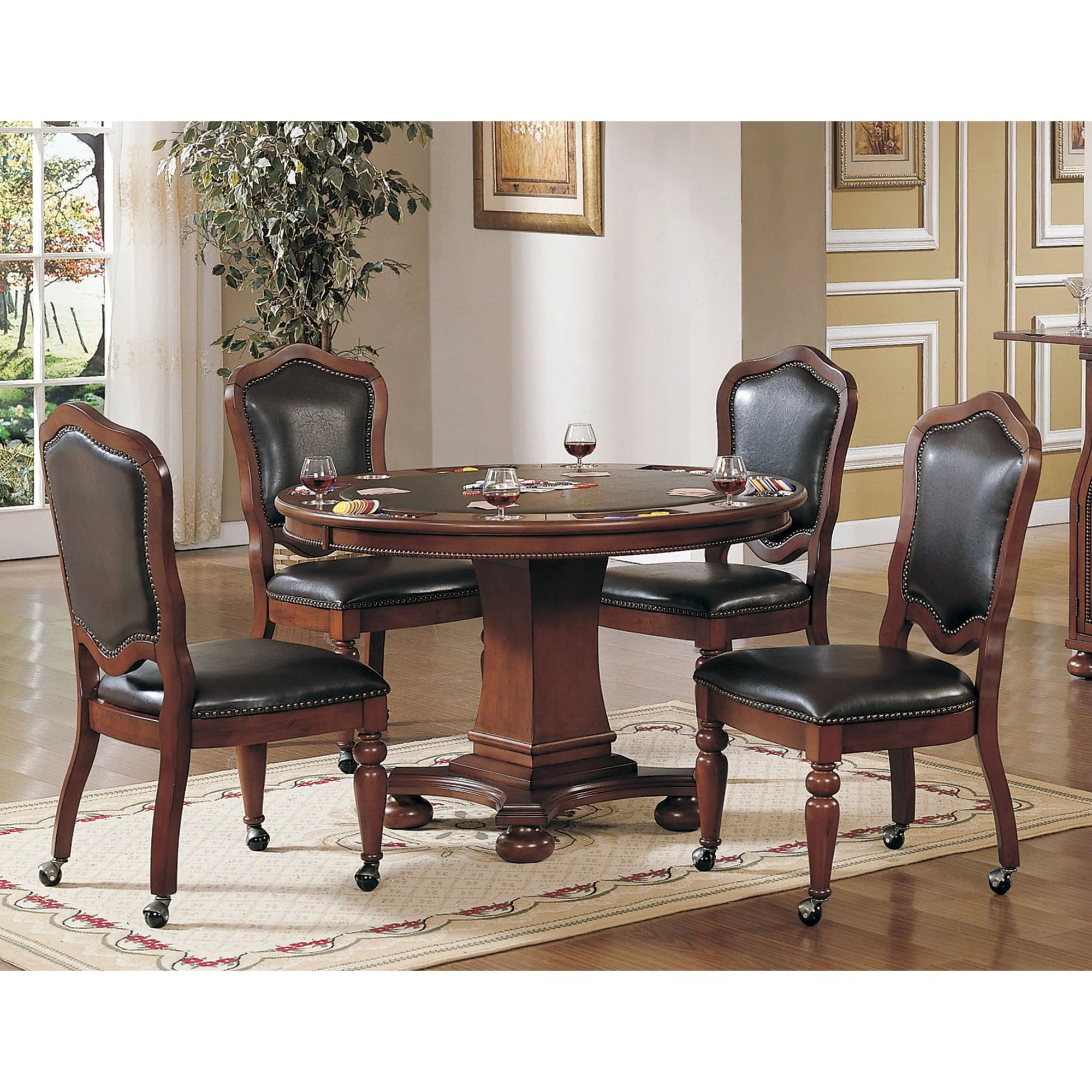The Hamptons Collection Set of 2 Bellagio Gaming and Dining Brown Cherry Wood Nailheads Casters Chairs