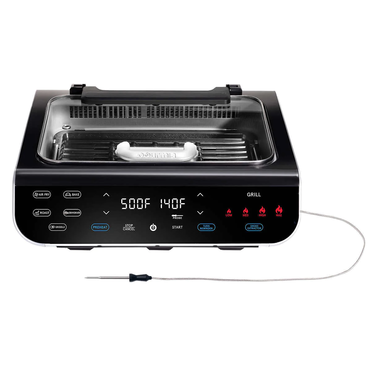 Gourmia FoodStation Smokeless Grill, Griddle, &a; Air Fryer with Integrated Probe