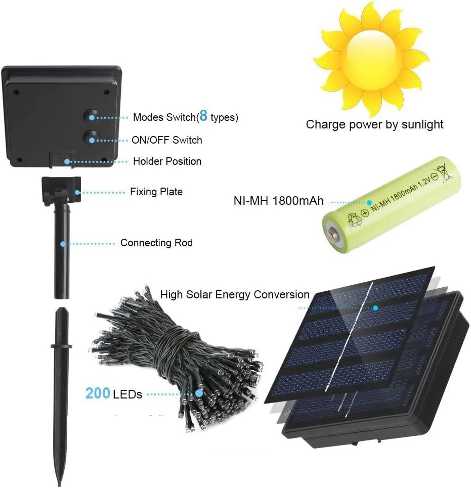 toyyot solar christmas lights outdoor waterproof 8 modes 72 ft 400 led solar string lights,solar powered christmas lights for