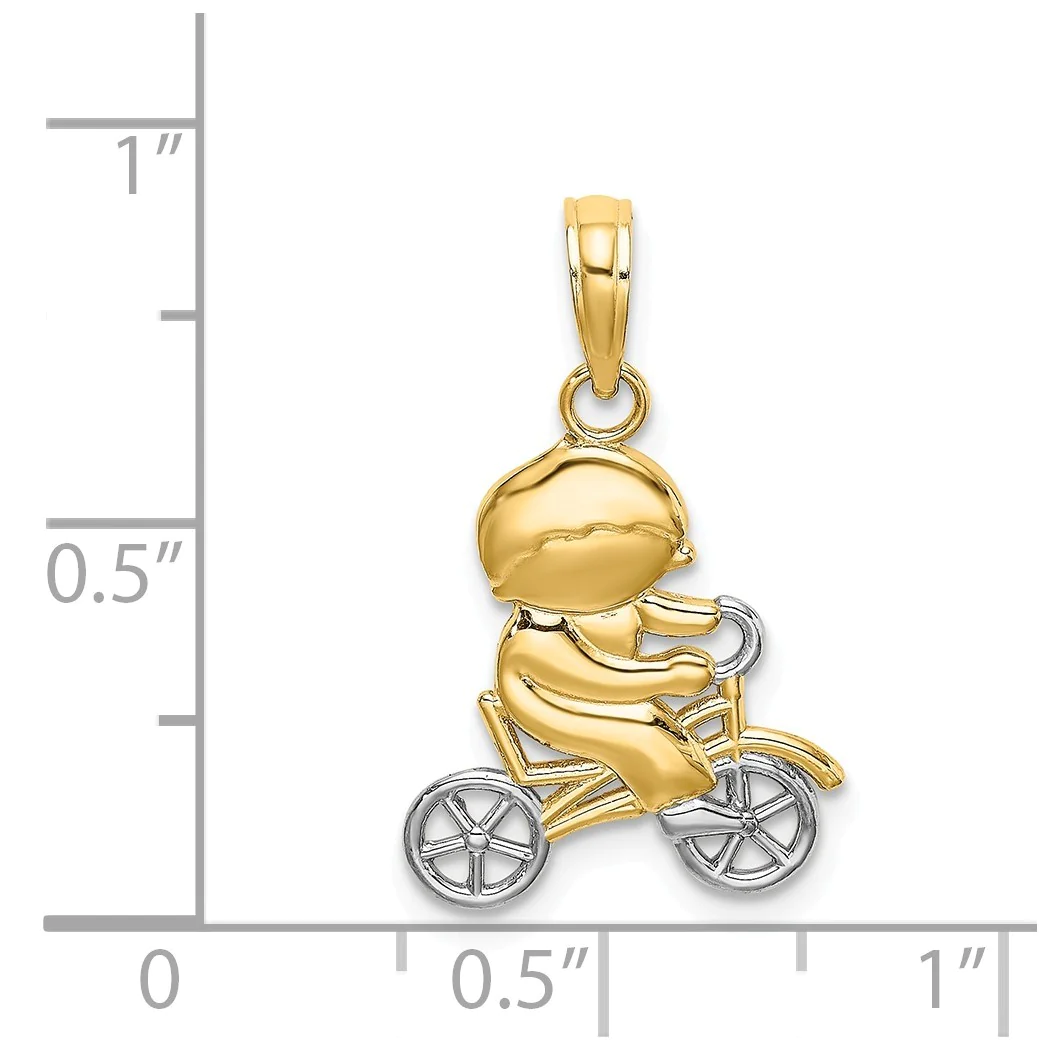 Jewelryweb 15mm 14k Two-tone Gold Little Boy Bicycle With White Accent Bike Charm