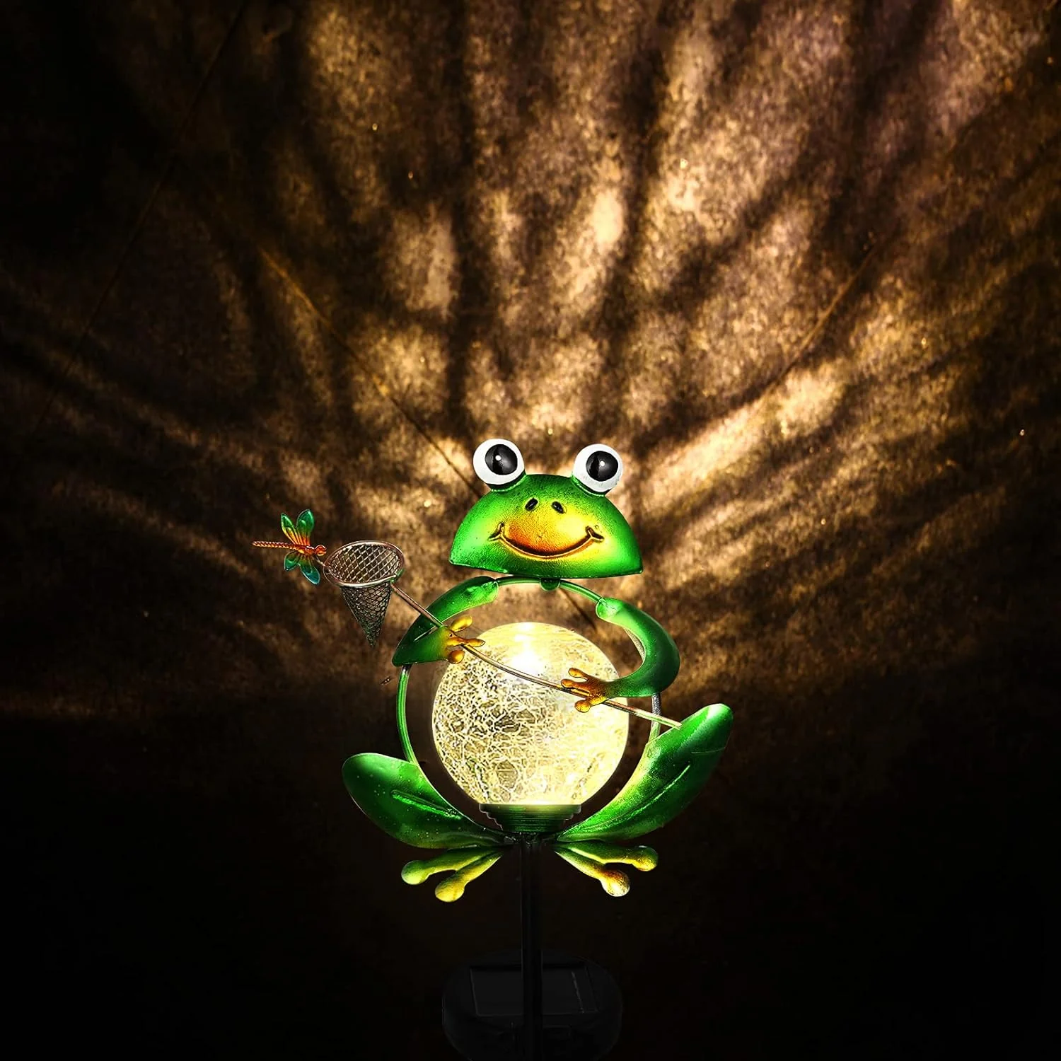 XIFEINIU Garden Solar Lights Outdoor Decorations, Waterproof Frog Crackle Glass Globe Metal Garden Stake Lights, Solar Powered Warm Whit