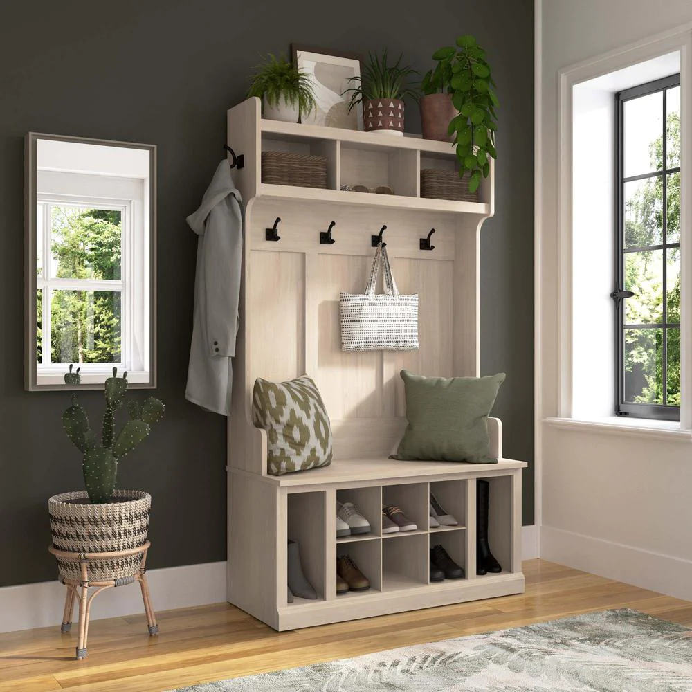 Bush Furniture Woodland 40W Hall Tree and Shoe Storage Bench with Shelves in White Washed Maple