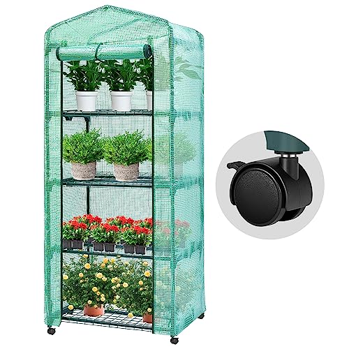 VIVOSUN Mini 4-Tier Greenhouse with Wheels, 27 x 19 x 63-Inch Reusable Portable Warm House with Green PE Cover and Shelf for Com