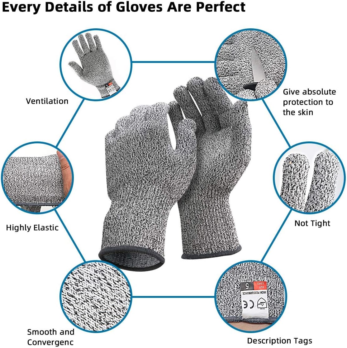 DEYAN Cut Resistant Gloves - 2 Pairs Food Grade Safety Cutting Gloves, Level 5 Protection, Used for Meat Cutting, Oyster Shucking, Wo