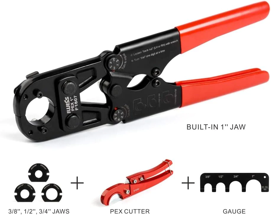 ZHEJIANG IWISS ELECTRIC CO.,LT IWISS PEX Crimping Tool Kit for 3/8 inch, 1/2 inch, 3/4 inch, 1 inch Pex Copper Crimp Rings, c/w PEX Cutter,Go-no-go Gauge, Mee