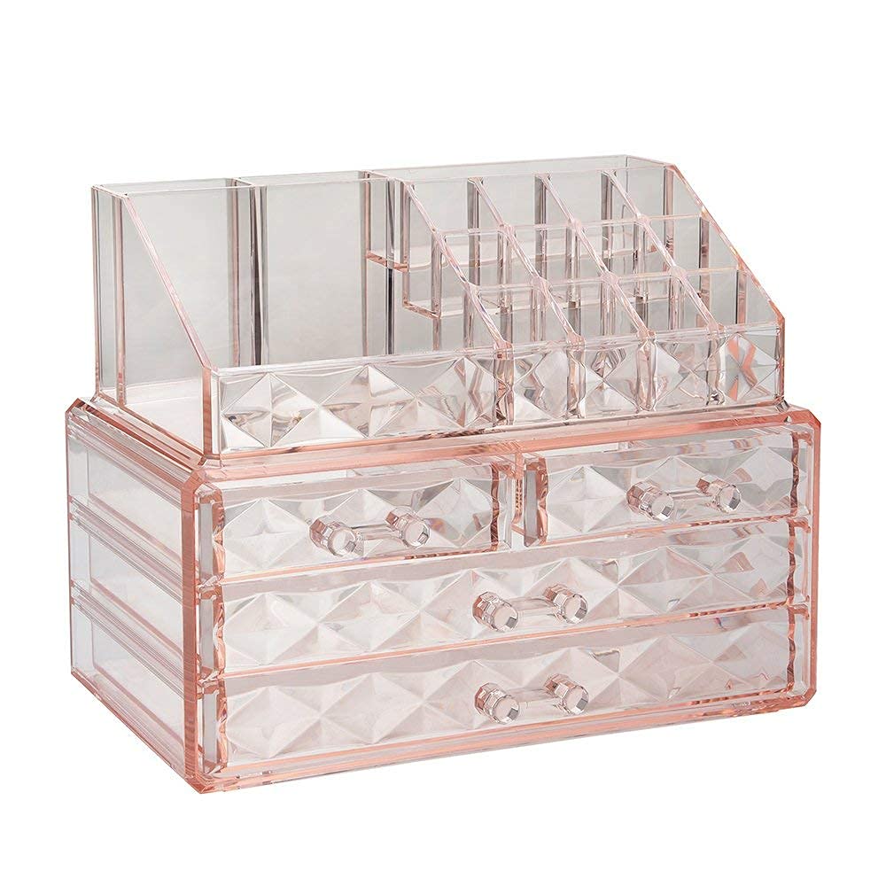ZHIAI Jewelry and Cosmetic Boxes with Brush Holder - Pink Diamond Pattern Storage Display Cube Including 4 Drawers and 2 Pieces