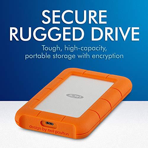 lacie rugged secure 2tb external hard drive portable hdd - usb-c usb 3.0 drop shock dust rain resistant computer desktop work