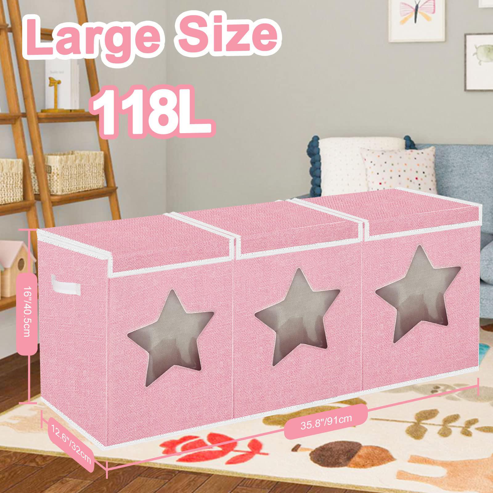 xmasorme toy box for girls, extra large toy storage organizer bins with star transparent windows,sturdy handles and mesh bag,