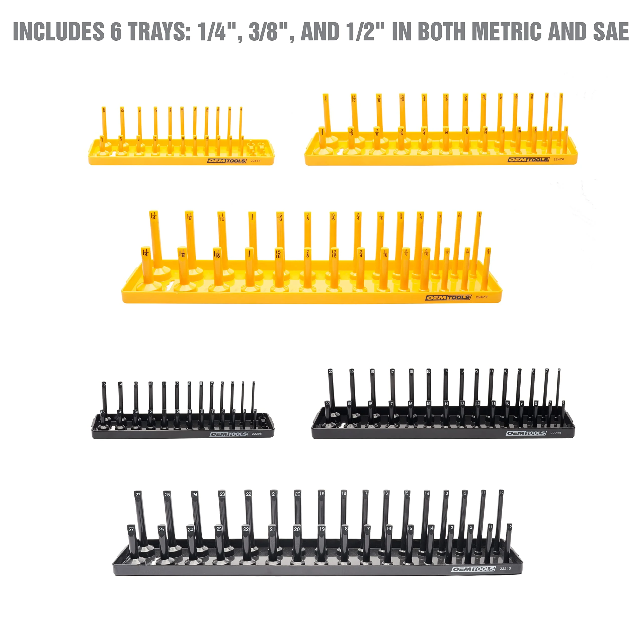 OEMTOOLS 22238 6 Piece SAE and Metric Socket Tray Set, SAE and Metric Socket Storage for Sizes 14, 38A, and 12 Drive, Socket Hol