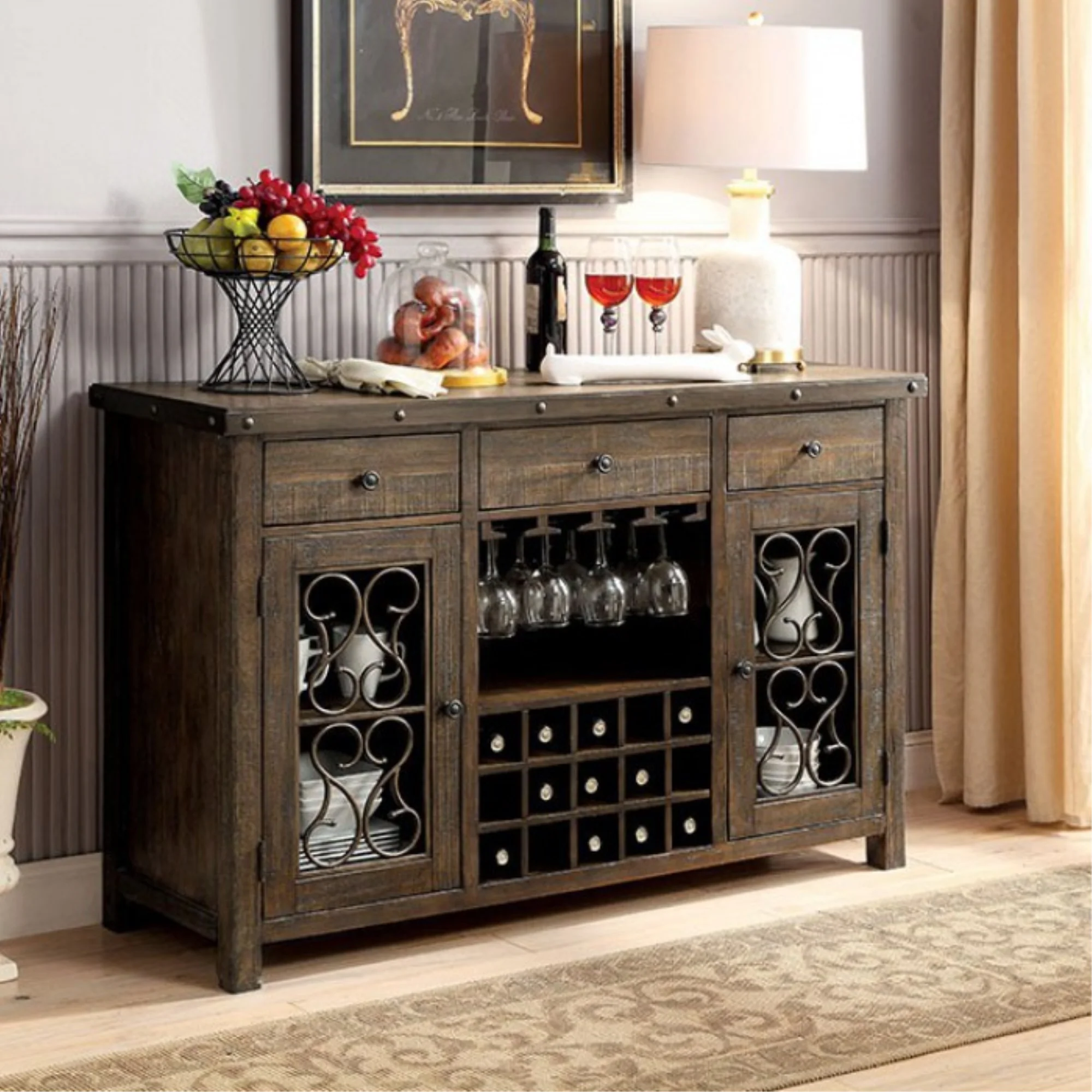 Benzara Wooden Server with Wine Holder, Brown