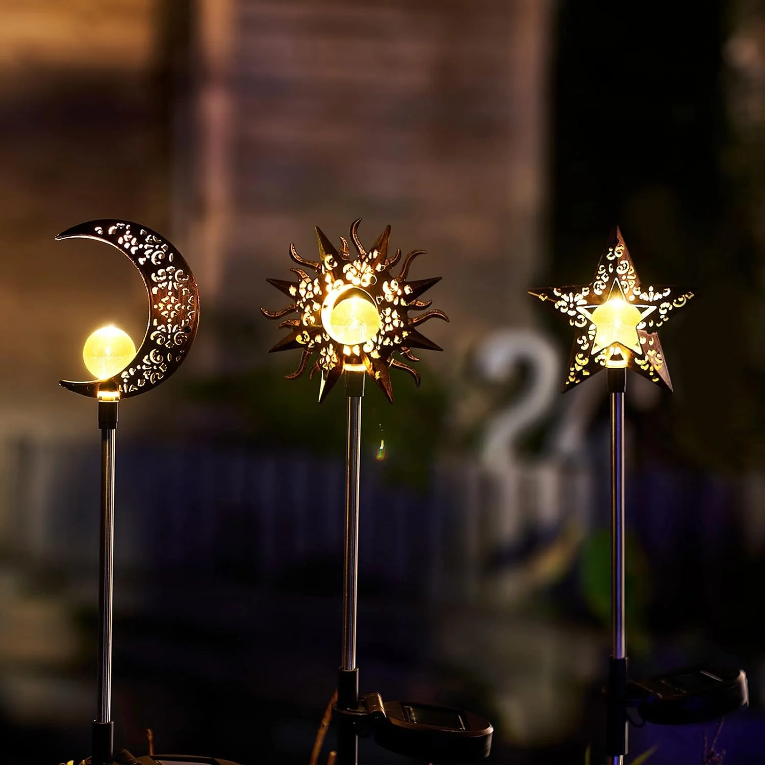 TryMe Solar Lights Outdoor Garden Decorations Sun Moon Star Stake Light Decorative Waterproof Warm White LED Yard Decor for Pathway L