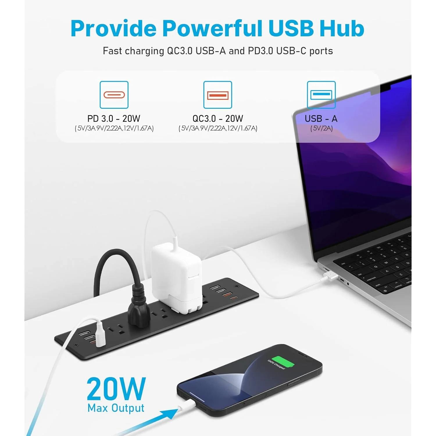 GCP Products Recessed Power Strip Surge Protector With 5 Outlets, Usb Hub 3.0 Usb-A And Usb-C Ports, Built In Furniture Desk Hidden Outlet…