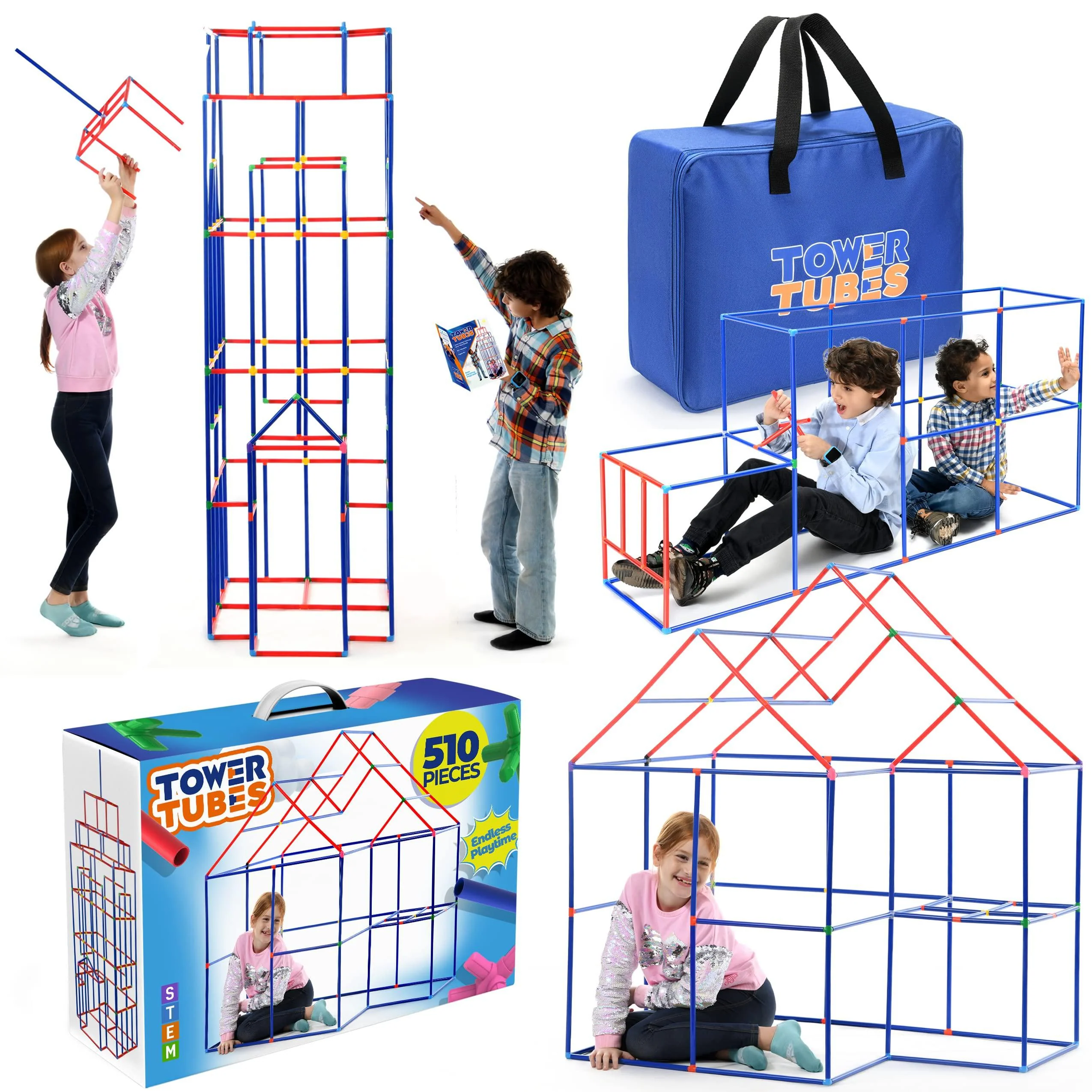 tower tubes building toys 510 piece, stem fort building kit toys for boys age 8-12, sturdy construction fort builder, indoor