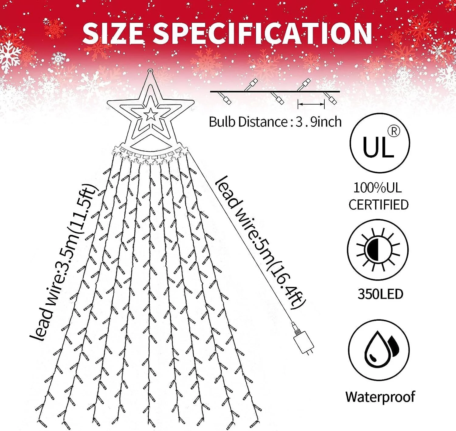 thinkstar 350 Led Waterfall String Light Christmas Tree Topper Star Garden Xmas Hanging Us