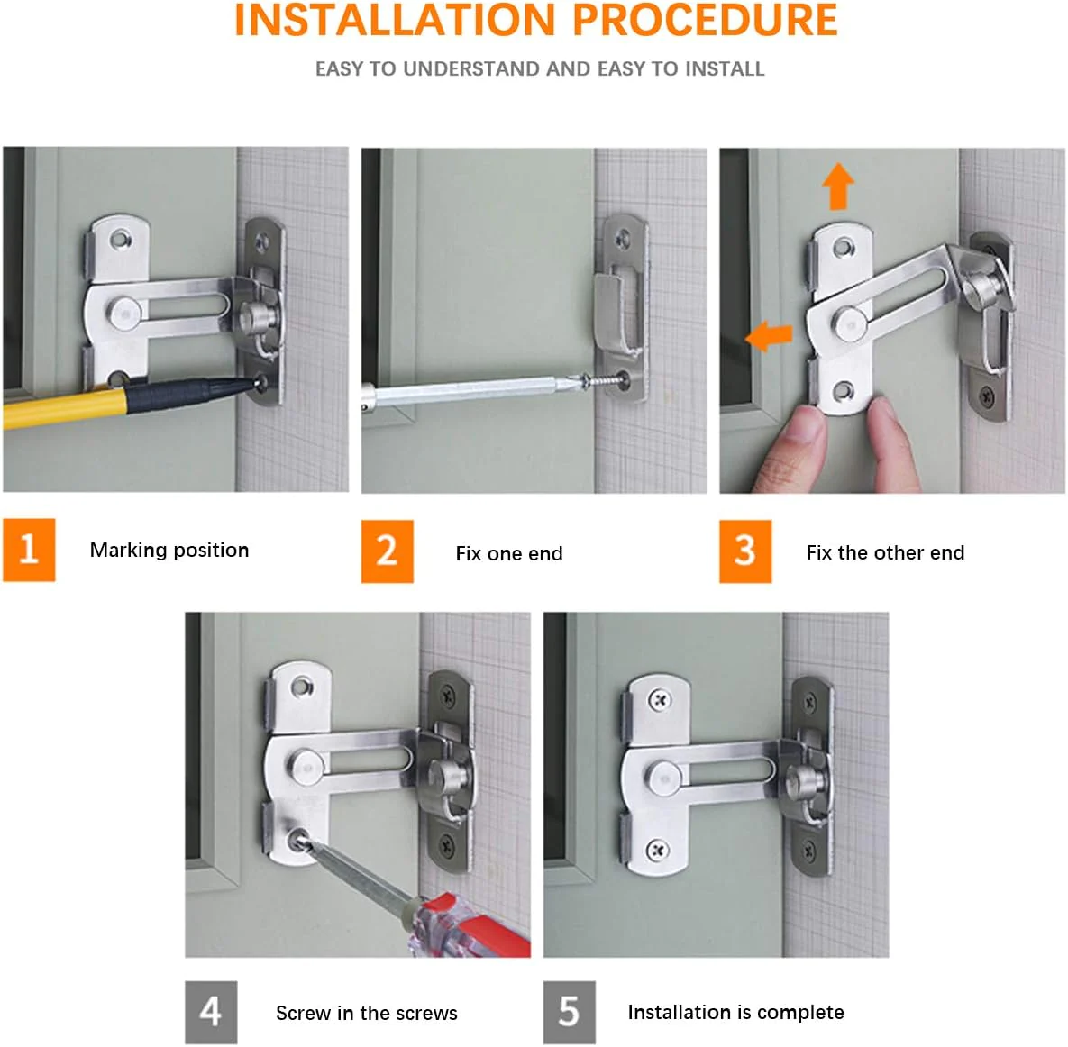 TAROSE Flip Door Sliding Latch, 90 Degree Stainless Steel Latch, Safety Door Lock, Right Angle Curved Door, Buckle, Brushed Finish