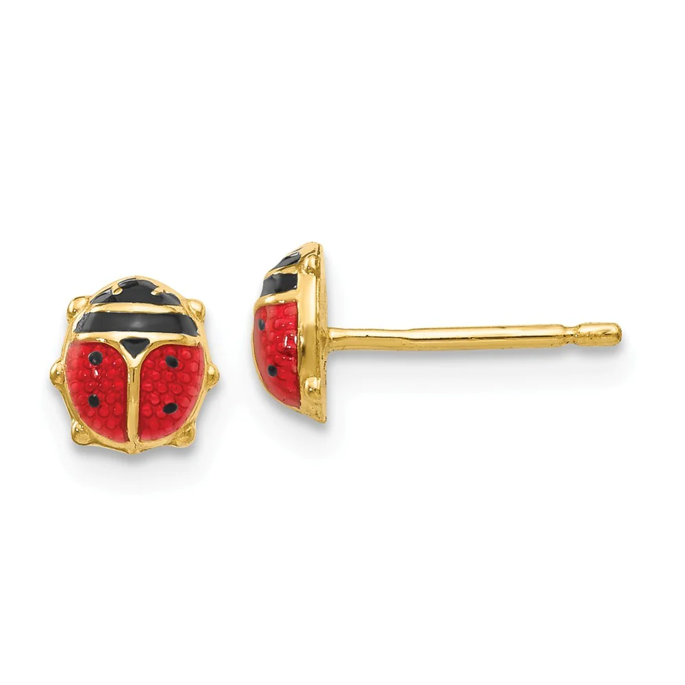 Jewelryweb 14k Yellow Gold Enameled Ladybug Childrens Earrings - Measures 6x6mm