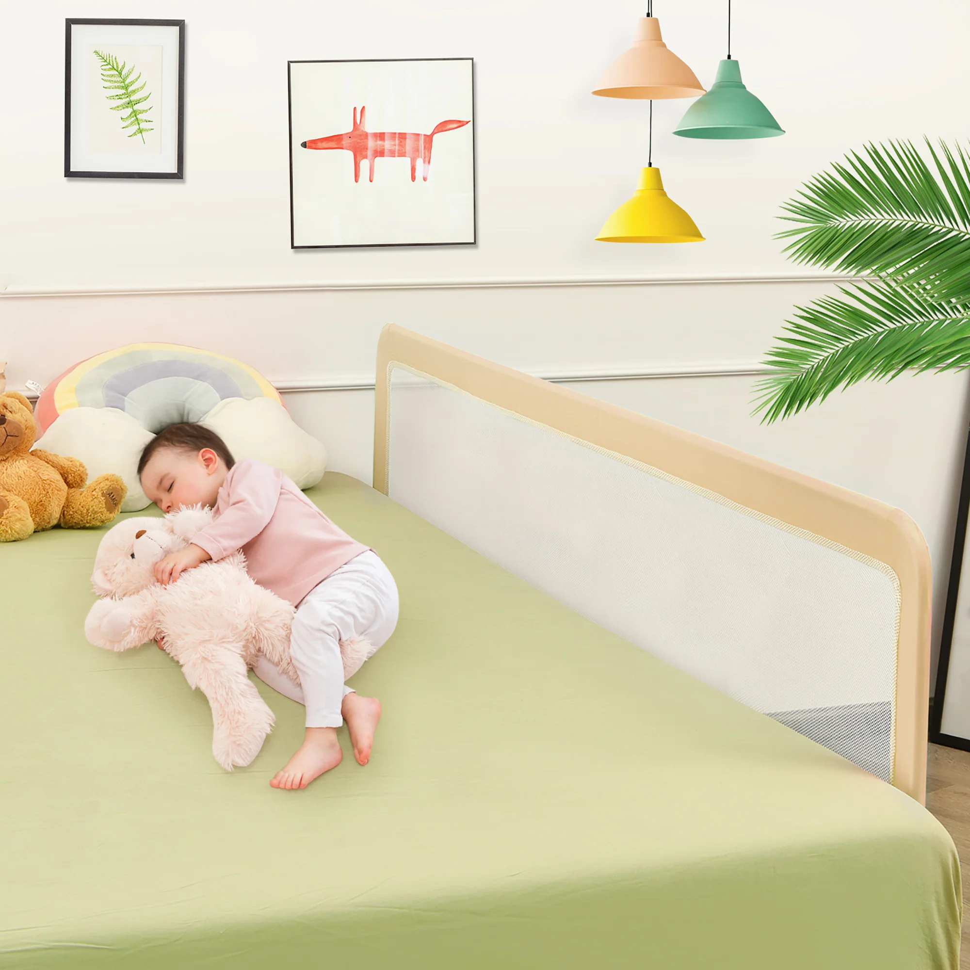 Costway Babyjoy 71&s;&s;Foldable Baby Bed Rail Guard Toddler Swing Down Safety Bedrail Beige