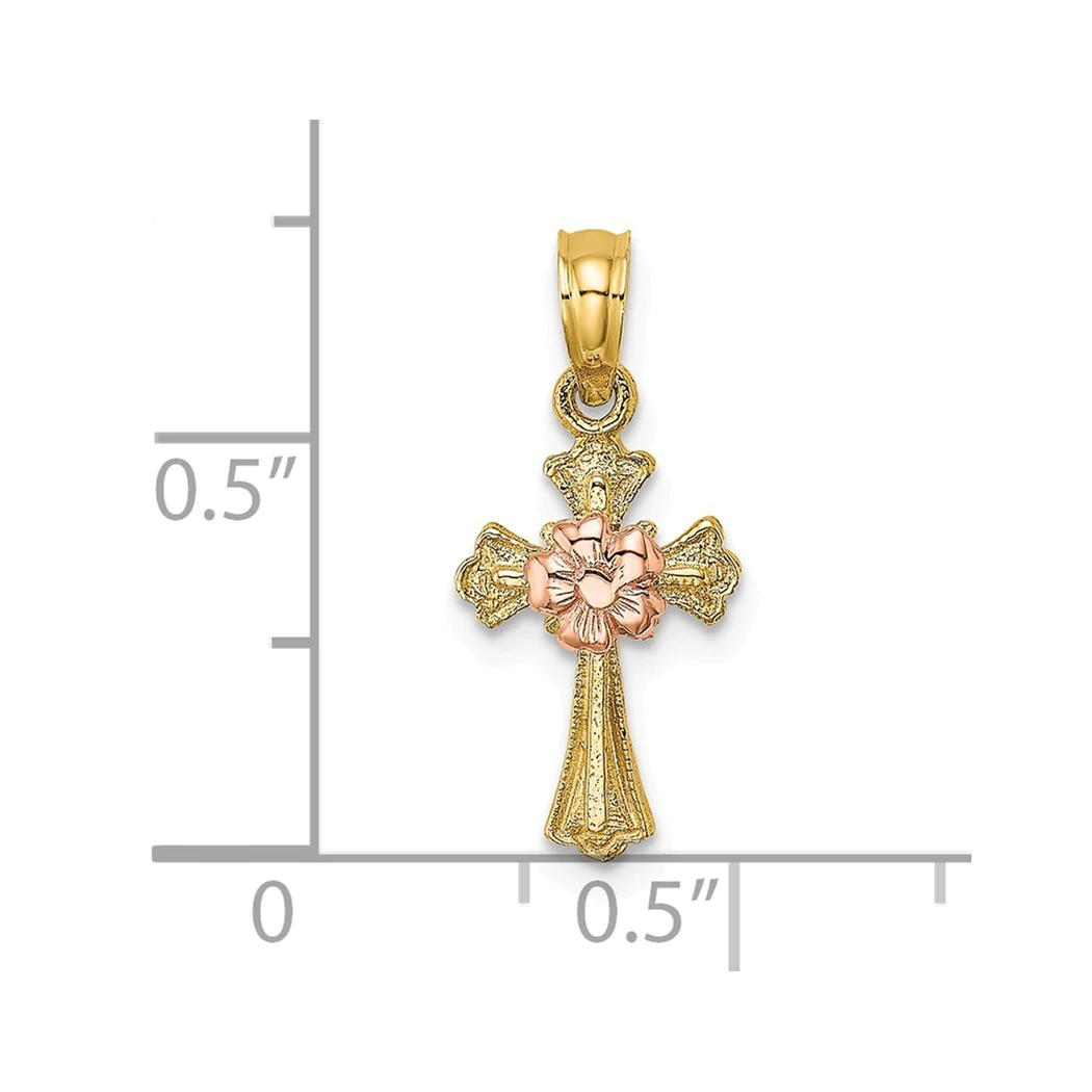 Jewelryweb 14k Gold Cross With Small Pink Flower Center Charm