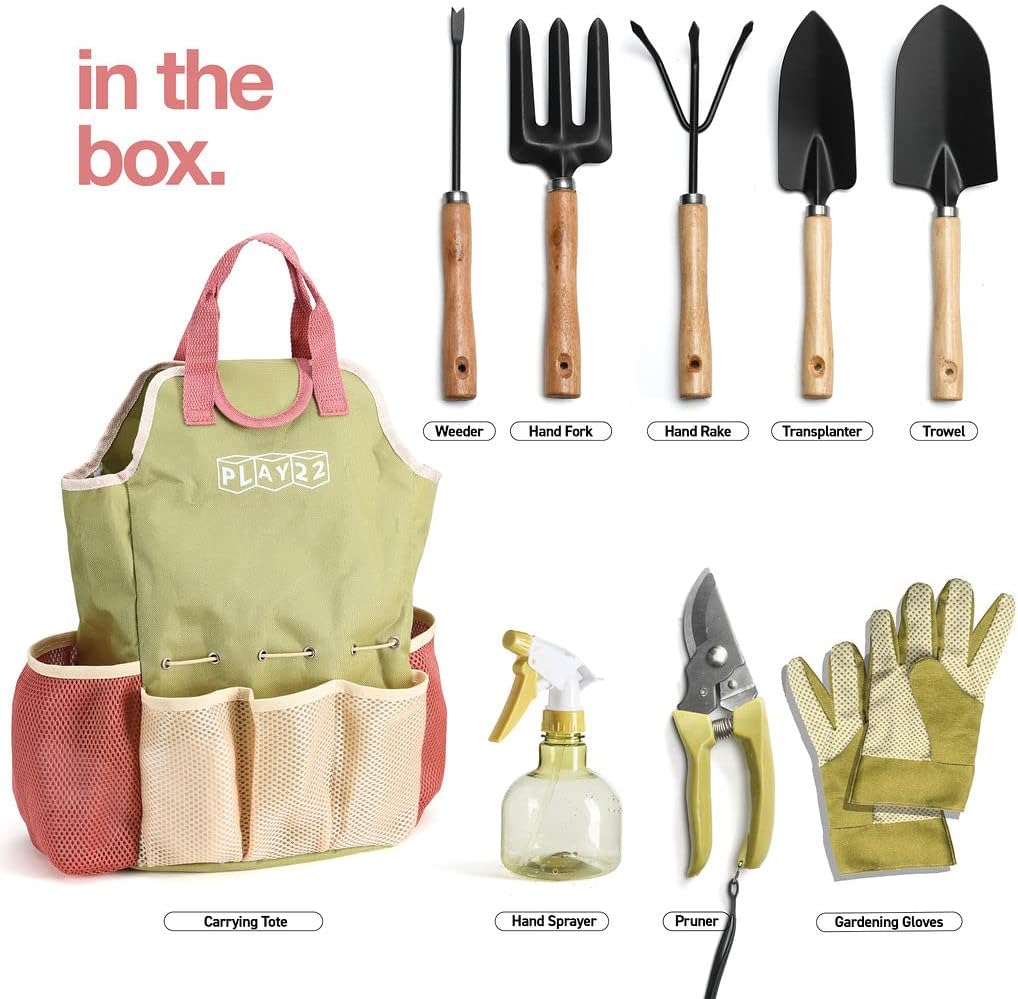 Play22 Gardening Tools Set of 10 - Complete Garden Tool Kit Comes With Bag