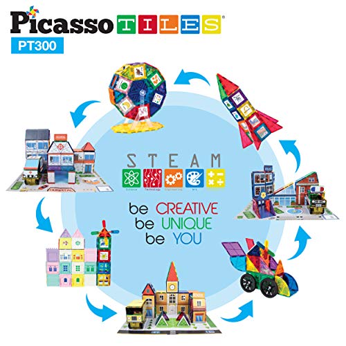 PicassoTiles Picasso Tiles 300 Piece Master Builder Set Magnetic Early Educational Toy Building Block Kit w/ 3 in 1 Playboard For Kids Ages 3
