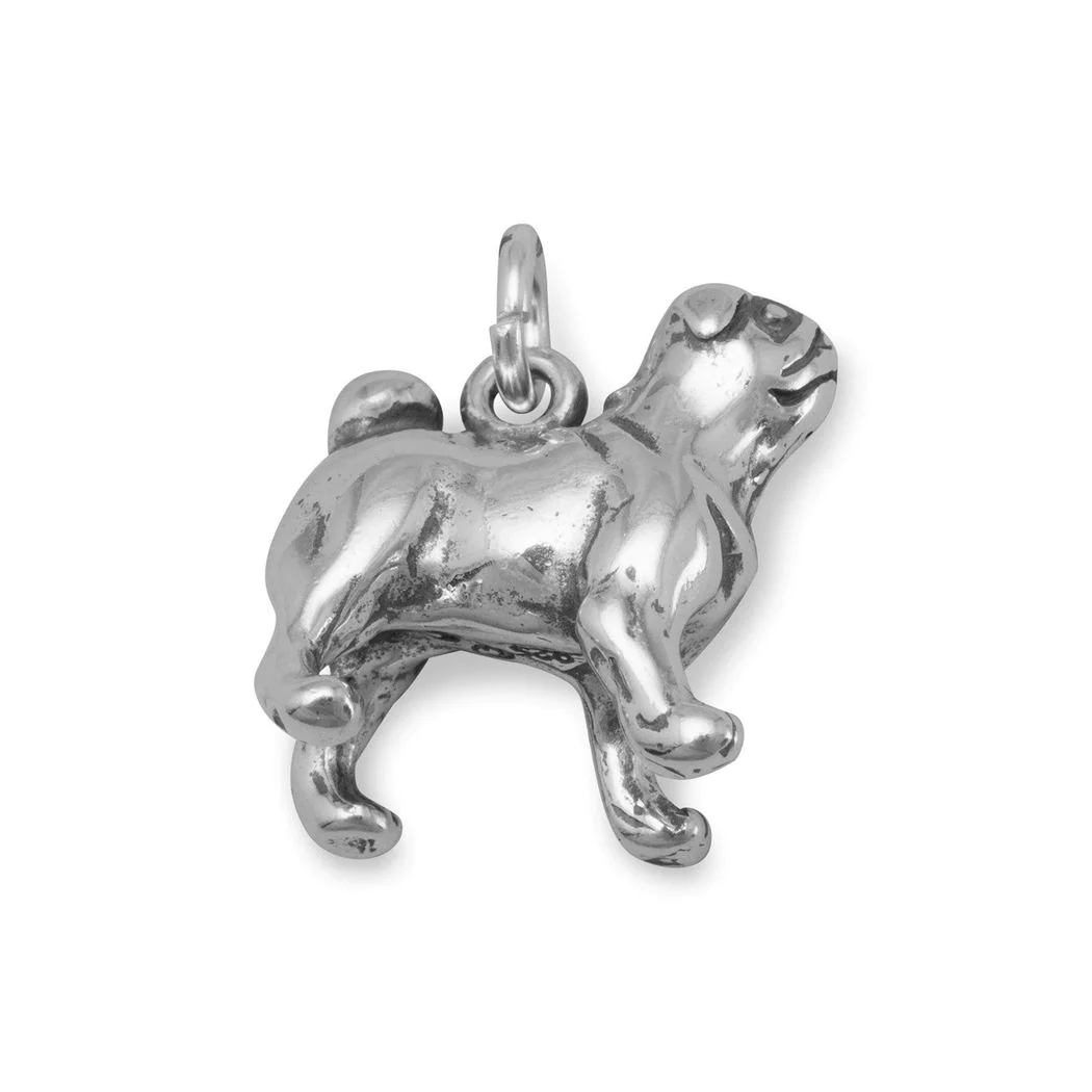 Jewelryweb Oxidized Sterling Silver Pug Charm 17mm