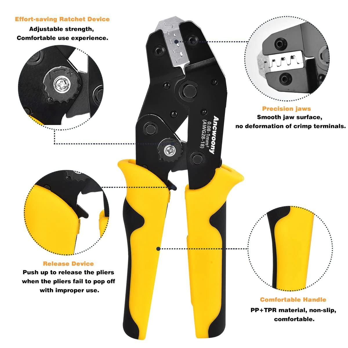 ancwoony ratchet crimping tool kit wire crimper plier awg28-18 with 1080pcs connectors include dupont and jst-xh terminals set