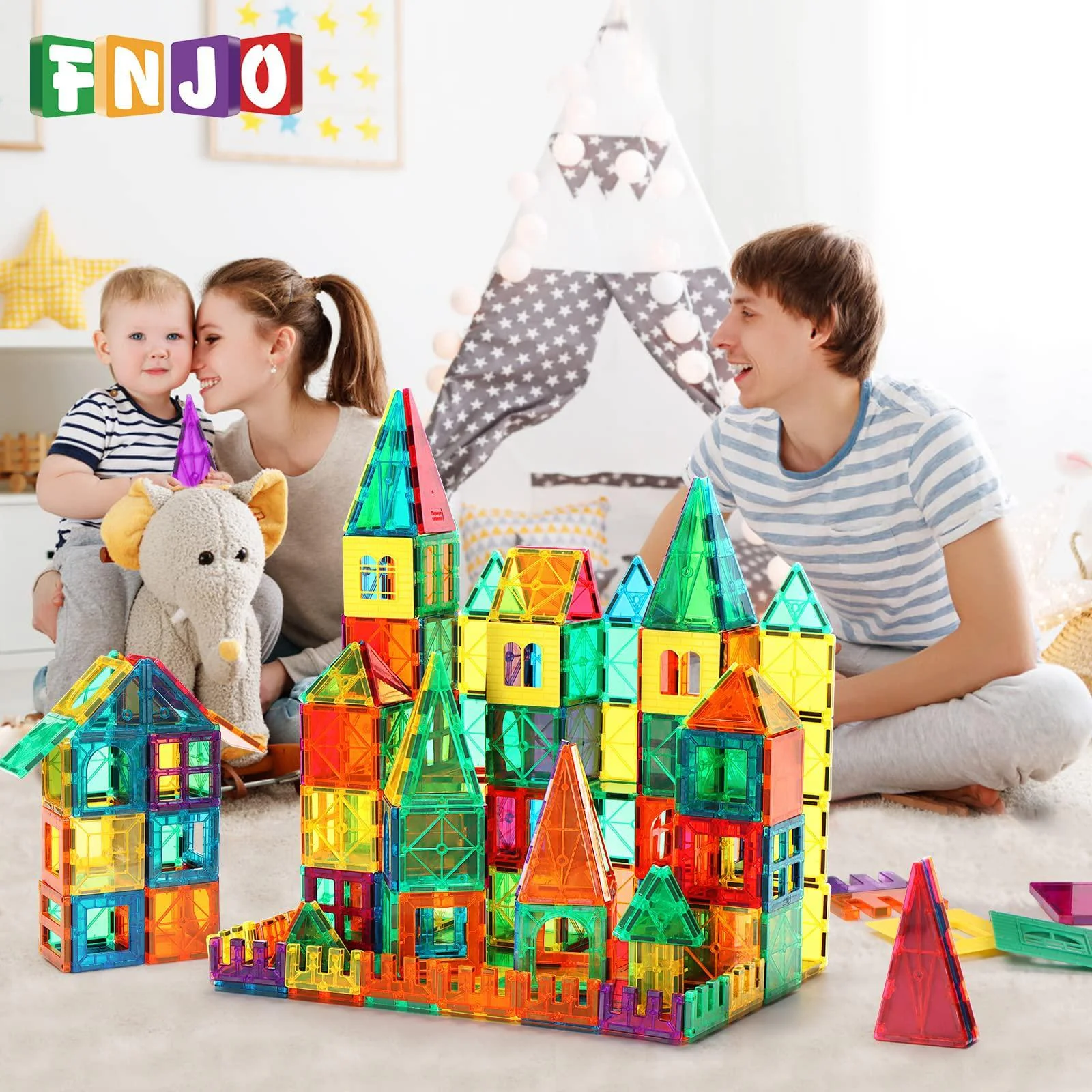 fnjo magnetic tiles, 100pcs building blocks, magnets building set, stem toys christmas toy gift for kids boys and girls